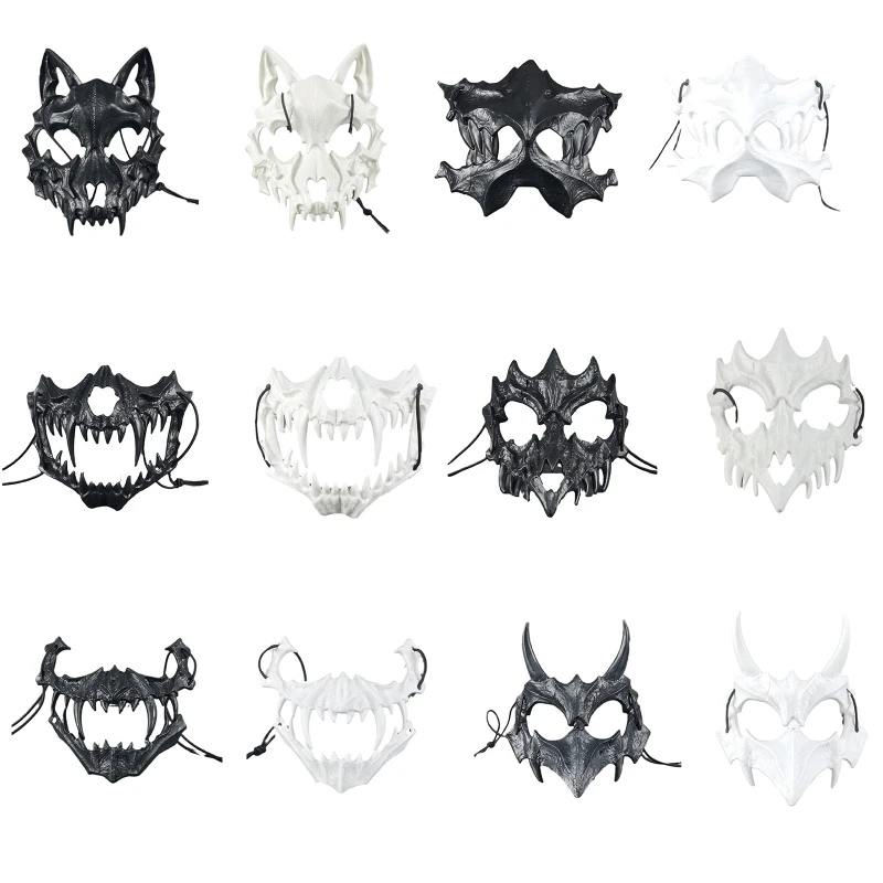 Q0Ke Party Mask Denti Lunghi Samurai Bone Mask Wolf Dragon Wild Tiger Mask Anime Cosplay Halloween Puntelli Accessori