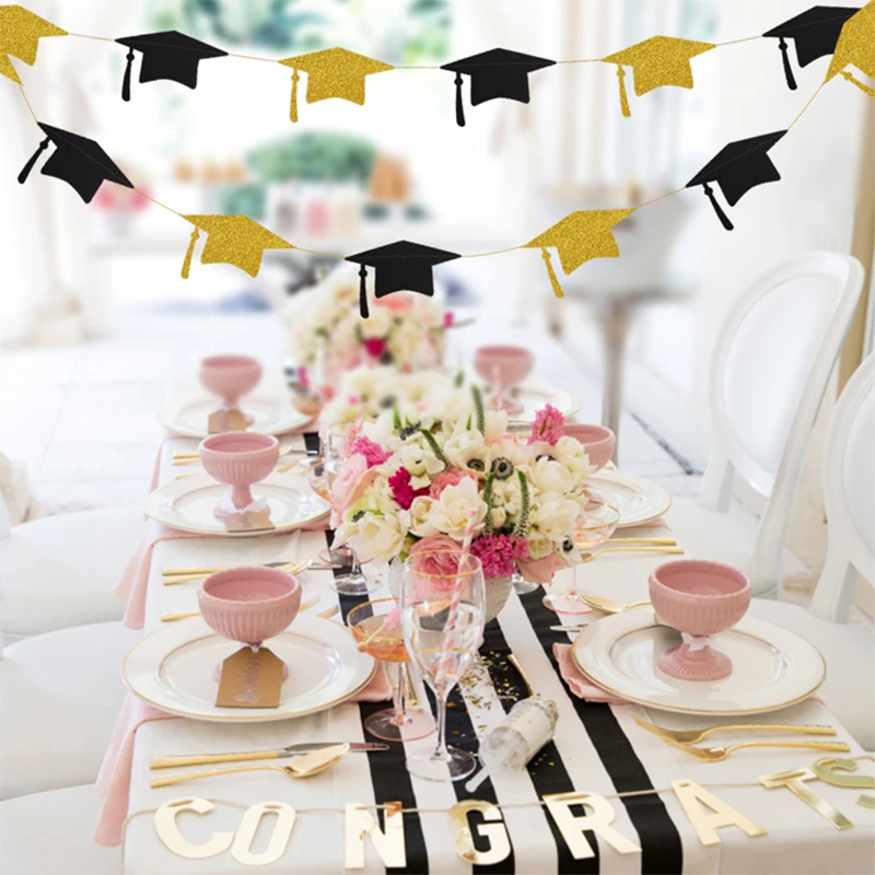 Black Gold Graduation Bachelor Hat Banner Paper Cap Garlands for School Celebrations Graduation Party Hanging Decorations party decorations