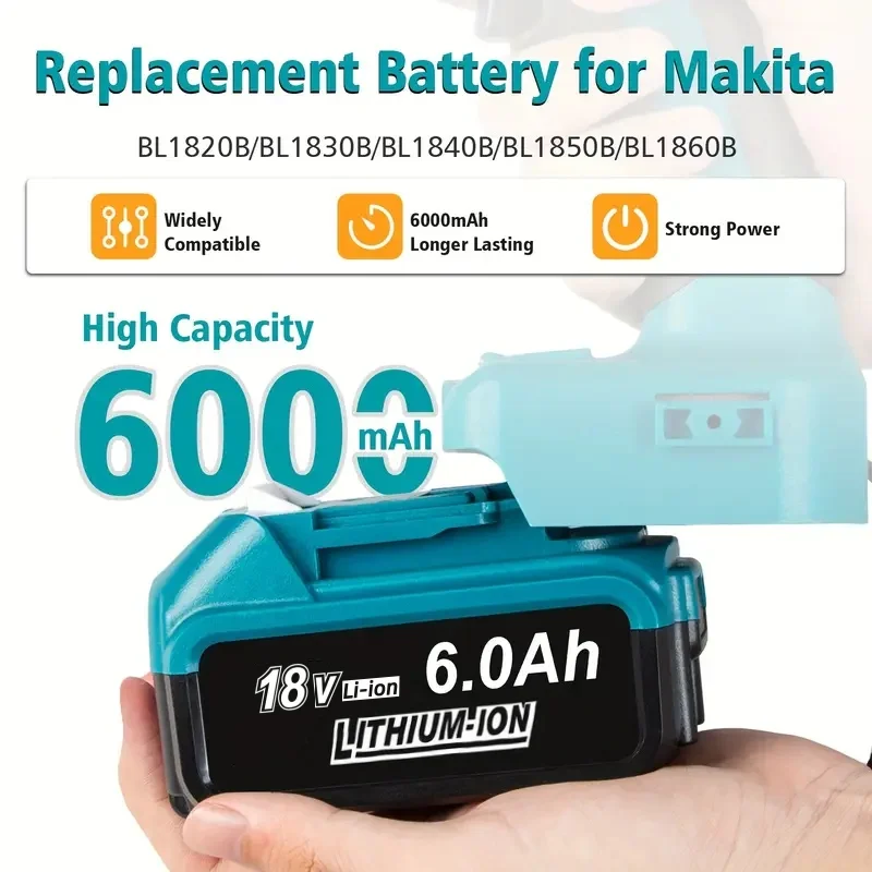 2PCS 18V 6.0Ah Replacement for Makita Battery Compatible with Makita 18V Lithium Battery BL1850 BL1840 BL1830 Type-C Port