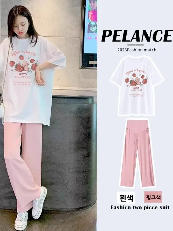 출산 여름 패션 세트 얇은 반팔 티셔츠 출산 체크업 바지 투피스 세트 소형 사이..