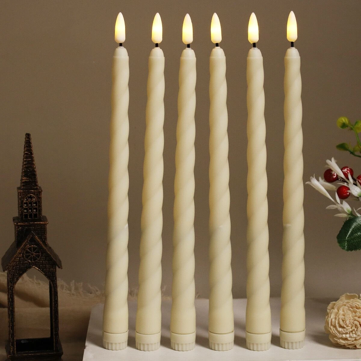 6 Pack 11 Inch 3D Flickering LED Taper Candle Light Battery Operated Spiral Candle Lamp for Table Decoration, 28cm
