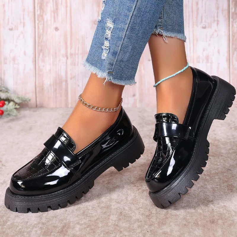 Platform Loafers Autumn New Round Toe Deep Mouth Soft Sole Non-slip Wear-resistant Block Heel Single Shoes
