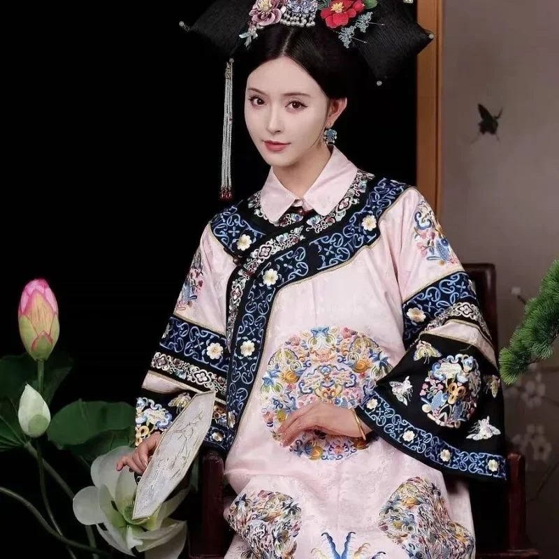 Chinese Women Qipao Dress Qing Dynasty Style Stand Up Collar Long Sleeved Printed Cheongsam Girl Traditional Costumes