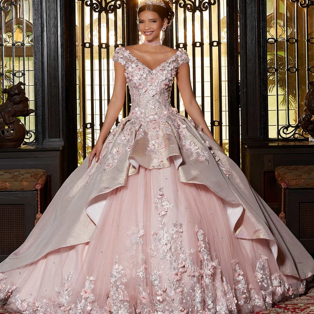 Beautiful 3D Flower Quinceanera Dresses Sparkly Sequins Prom Ball