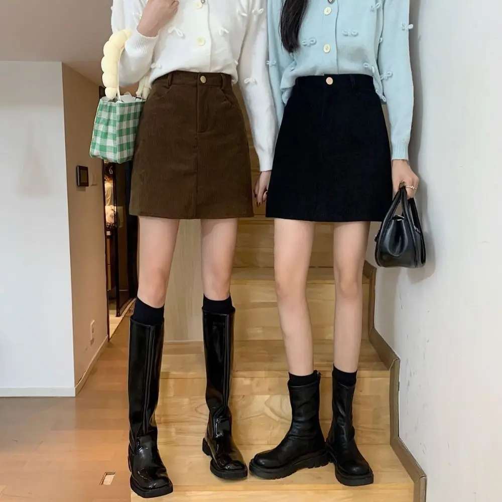 High Waist Women Corduroy Skirt Velvet Large Size A-line Short Skirt Autumn Winter Spicy Girl Style Slim Fit Skirt Girls