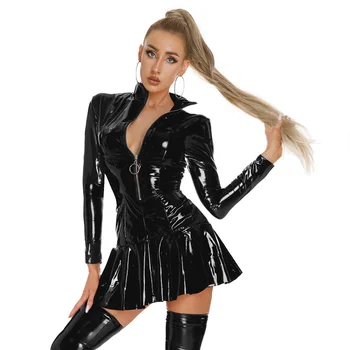 Long Sleeve Women's PVC Leather Zipper Mini Dress Clubwear Wet Look Stand Collar Ruffle A-line Dresses Rave Dance Party Costumes 4
