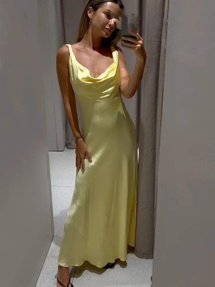 HH Women's Solid Vacation Style Satin Texture Backless V-neck Midi Dress Summer Female Elegant Sexy Lace-up Strap Dress 6