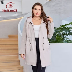 HaiLuoZi 2023 New Autumn Plus Size Women Trench Coat Windproof Mid-Long Female Clothing Hooded Drawstrings  Women's Jacket 730