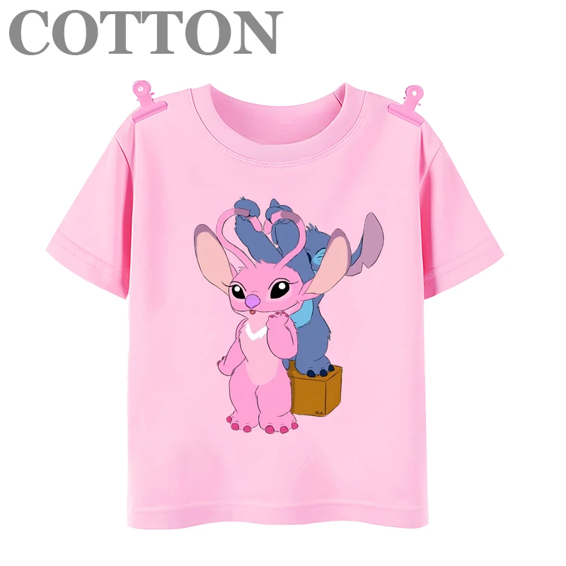 thumbnail image 1 of Camiseta de algodón con cuello redondo y manga corta para niños y bebés, diseño de dibujos animados de Disney Stitch, anime, moda de verano, 1 of 5