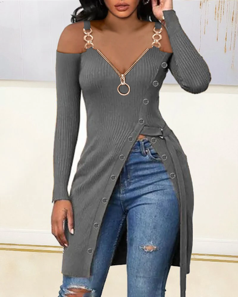 

Autumn Women Chain Strap High Split Zip Front Top 2023 Femme Casual Cold Shoulder Blouse Office Lady Outfits Clothing Traf