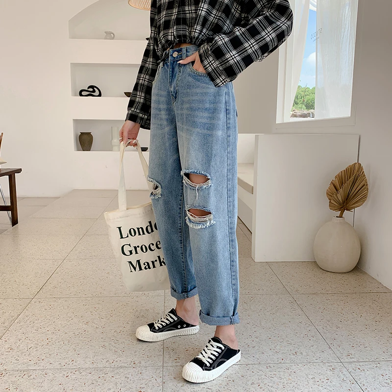 Large size women's spring clothing ripped hole thin nine points jeans women's high waist loose wide leg harem pants casual pants stacked jeans