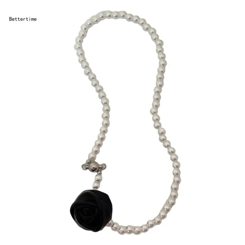 

B36D Fashionable Black Rose Flower Pendant Necklace Delicate Beads Clavicle Chain