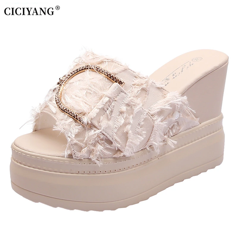 

CICIYANG Women Slippers Fashion 2024 Summer New 10CM Platform Wedges Sandals Sexy High Heels Outside Slippers Ladies Shoes