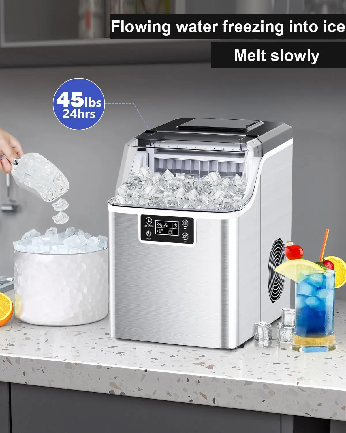 Ice Makers Countertop, 45Lbs/Day, 2 Ways to Add Water, Countertop Ice Maker, 24 Pcs Ready in 13 Mins, Self Cleaning Maker