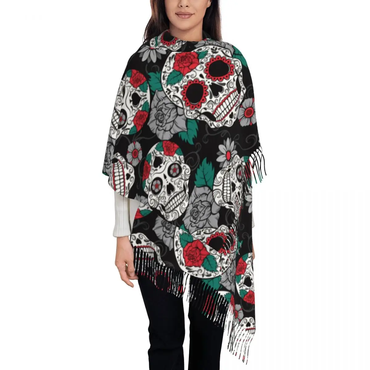 

Sugar Skull Day Of The Dead Scarf for Women Fall Winter Shawl Wrap Gothic Mexican Skeleton Halloween Scarves with Tassel