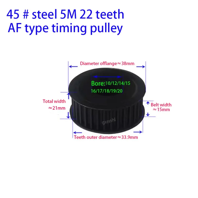 

5M 22 Teeth Synchronous Pulley Bore 8/10/12/14/15/16/17/18/19/20/mm Belt width 15 #45 Steel AF type 22T timing pulley