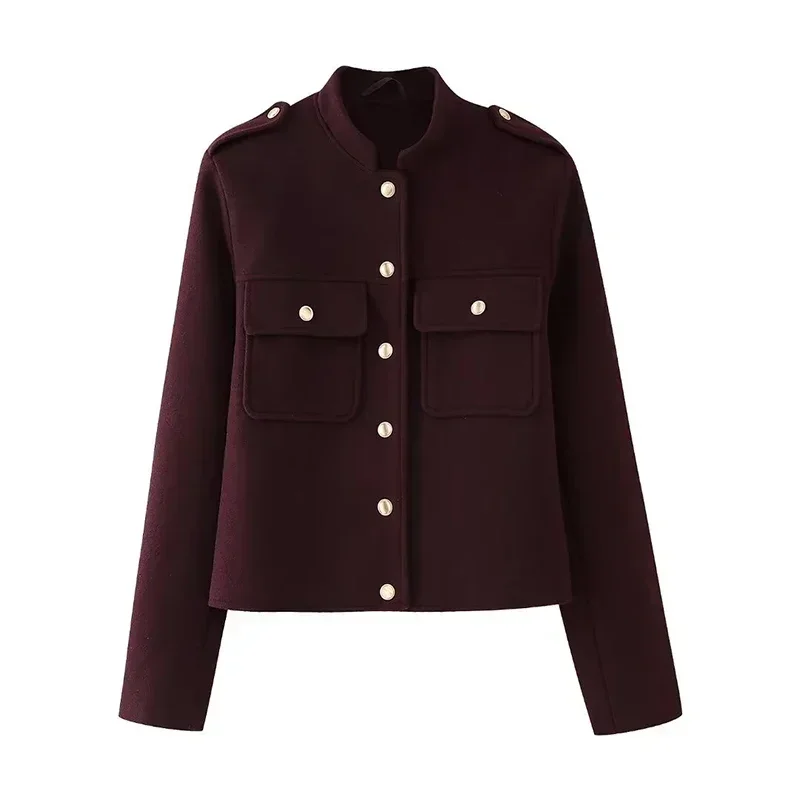 Burgundy Color Woolen Jacket For Women Stand Collar Single Breasted Pocket Thick Short Coat Autumn Lady Commute Outwear New