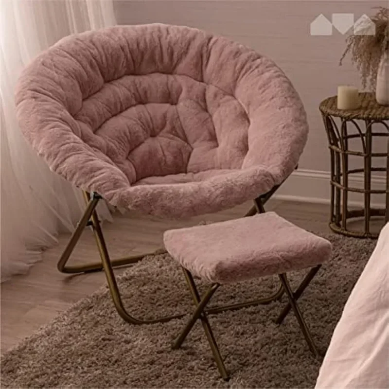 Chair with Footrest Ottoman/Faux Fur Saucer Chair for Bedroom/X-Large (Pink)