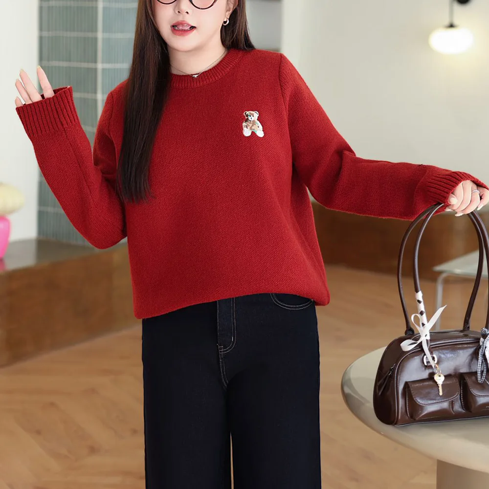 XXXL Fashion Plus Size Women's Sweater Premium Bear Embroidered O-Neck Autumn Winter Preppy Style Pullover Thermal Jumpers 8512