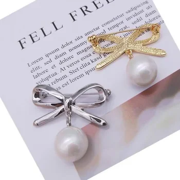 Simple Fashion Bow Brooches for Women Bowknot  Pin Pearl Pendant Safety Lapel Pins  Wedding Jewelry Accessories 2