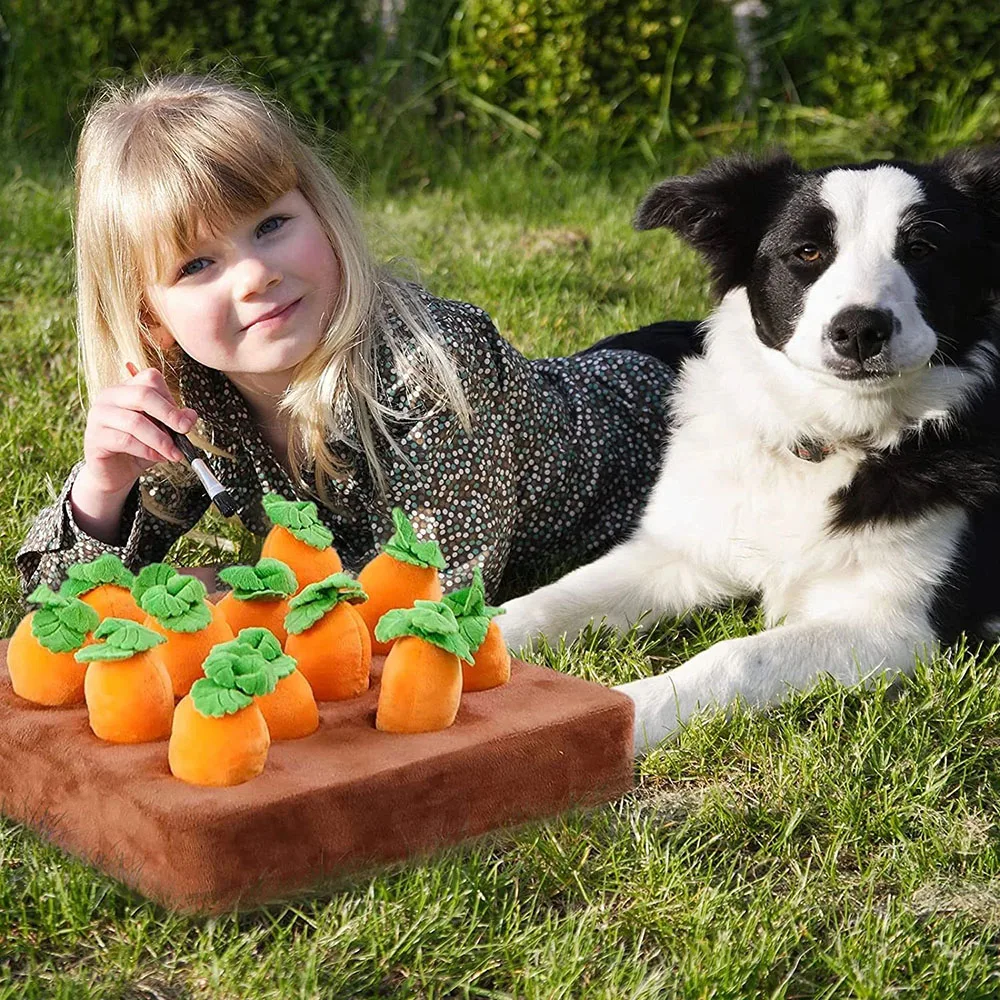 IVVIQQ Tapis à Renifler Carotte Pour Chien – 38x38 Cm – Jeu Puzzle 2-en-1 Avec 12 Carottes En Peluche