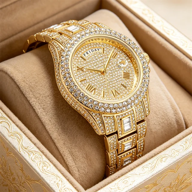 Montre à quartz plaquée or pour homme avec bracelet serti de cristaux – Luxueuse, coffret cadeau inclus 1