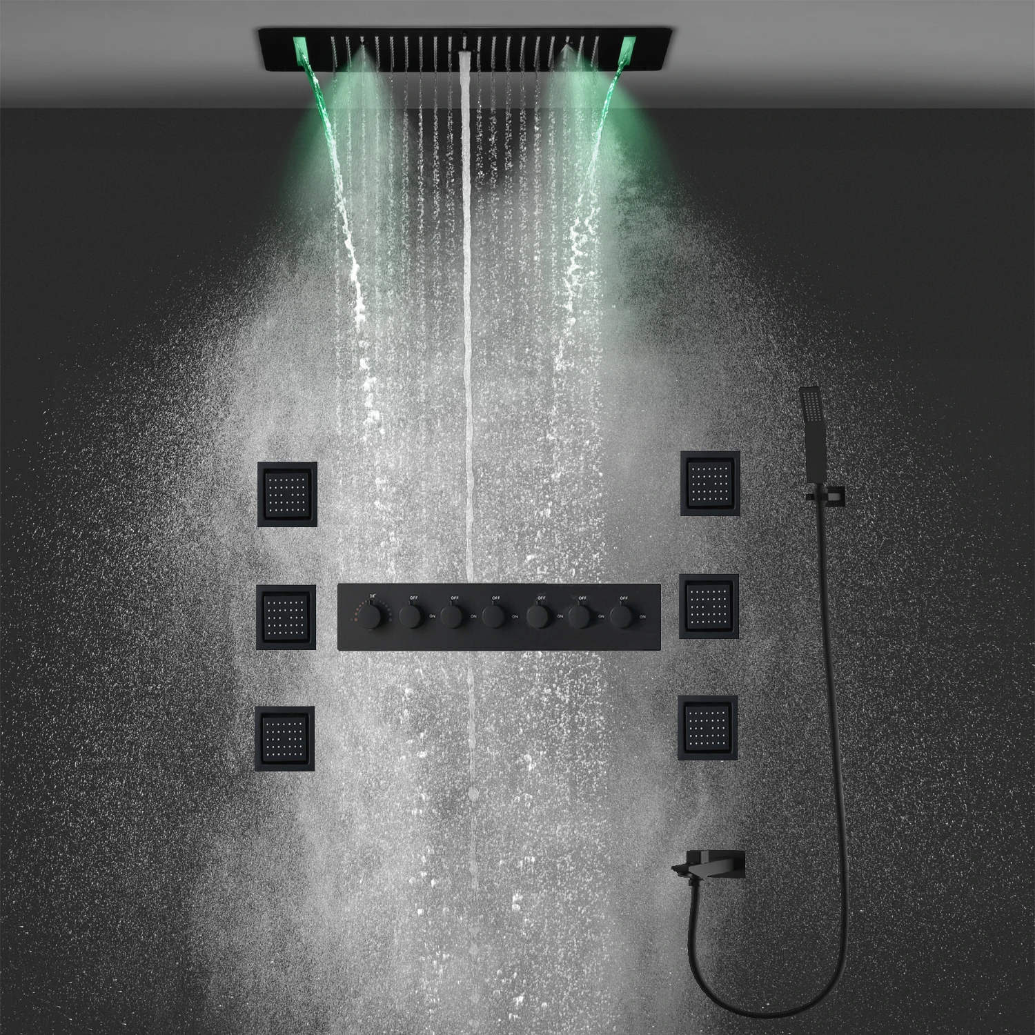 Hm ชุดระบบอาบน้ำ LED เพดานแบบเทอร์โมสตัทเครื่องผสมก๊อกน้ำสีดำสำหรับอาบน้ำน้ำตกแผงหัวฝักบัวแบบสายฝนมาพร้อมกับตัวนวดเจ็ท 1