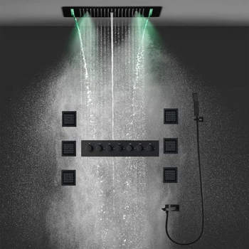 Hm ชุดระบบอาบน้ำ LED เพดานแบบเทอร์โมสตัทเครื่องผสมก๊อกน้ำสีดำสำหรับอาบน้ำน้ำตกแผงหัวฝักบัวแบบสายฝนมาพร้อมกับตัวนวดเจ็ท 1