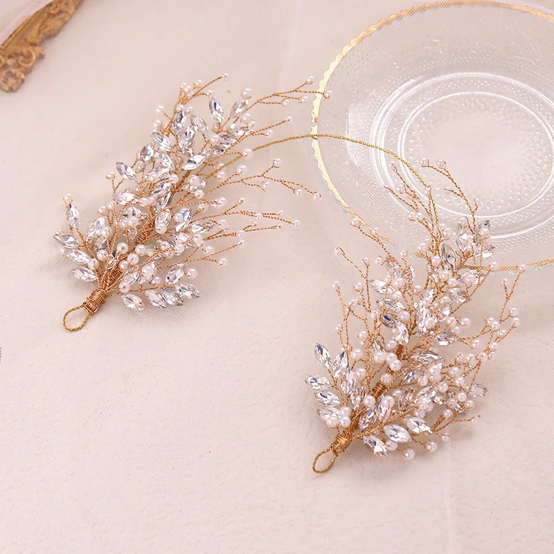 Hand Weave Pearl Headdress Copper Wire Rhinestone Bride Wedding Accessories Hair Band