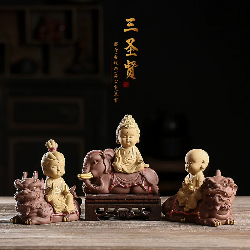 Zisha Clay Three Saints Statue - Zen Buddha Figurine for Tea Room Altar, Wealth Feng Shui Office Decor, Chinese Ceramic Art