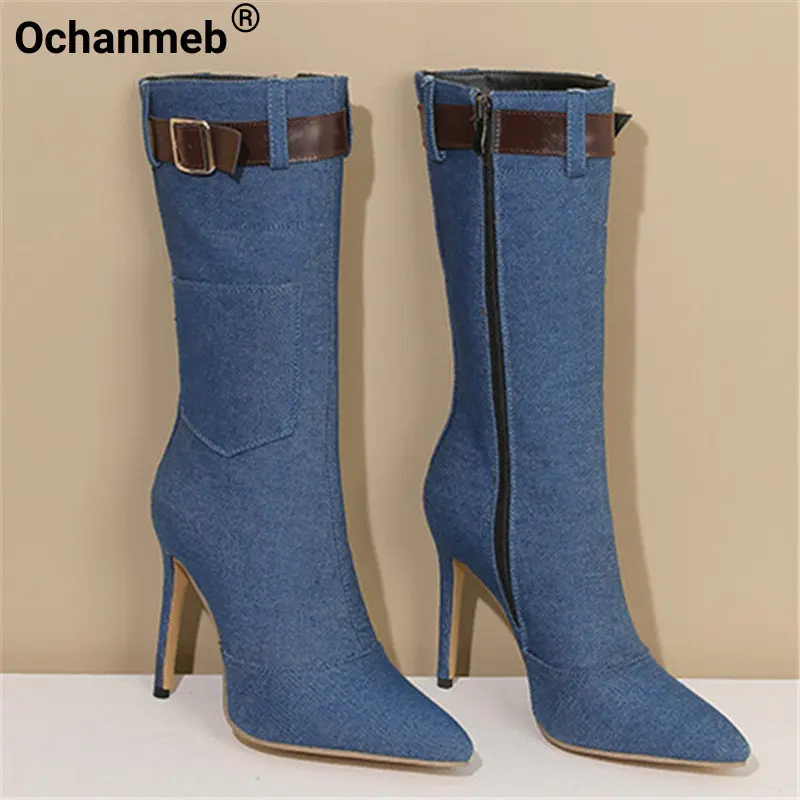

Ochanmeb Stiletto Heels Women Denim Jeans Boots with Zipper Belt Buckle Side Pocket Shoes Lady Thin High-heeled Boot Big Size 48