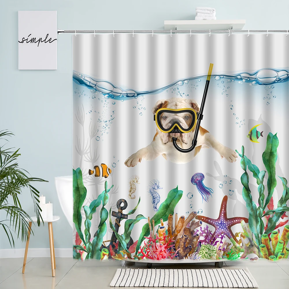 

Creative Diving Dog Shower Curtain Starfish Coral Water Grass Fish Sea Turtle Bath Curtains Marine Animals Bathroom Decor Sets