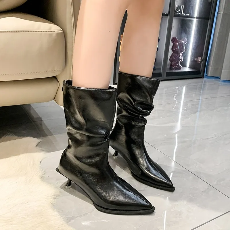 Fashion Thin Med Heels Ankle Boots Women Winter Shoes Brand Pleated Pointed Toe Short Boots Designer PU Leather Botas Mujer 2024