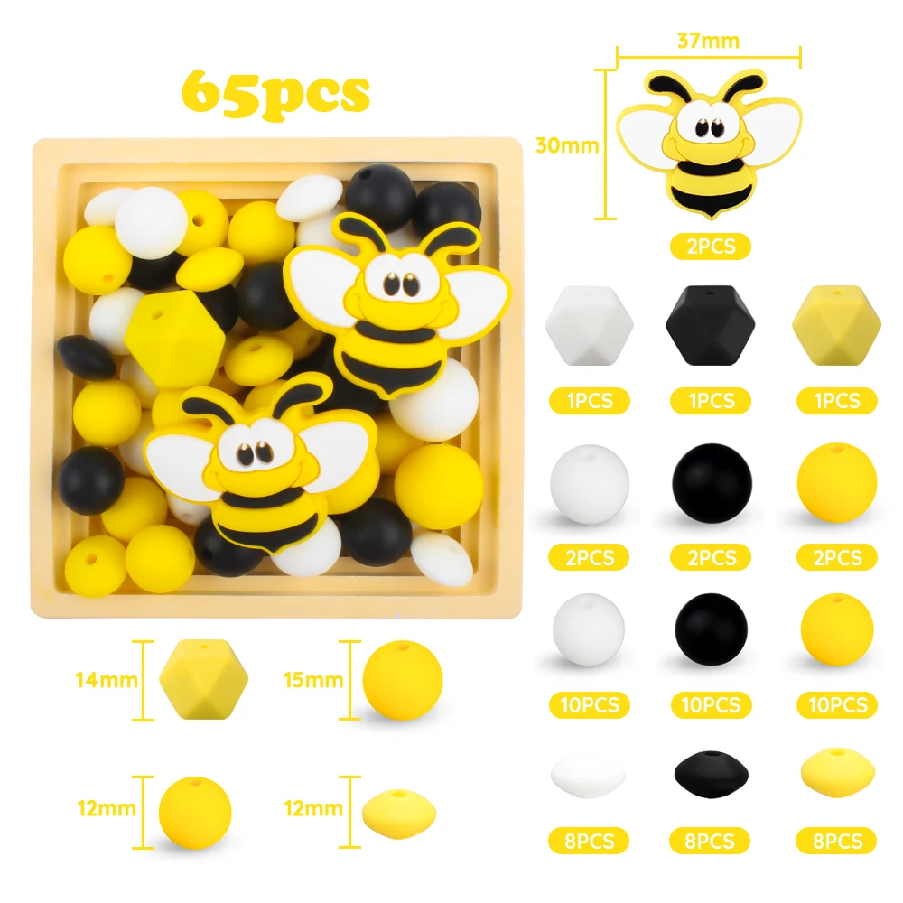 

65Pcs/Set Silicone Focal Beads Honeybee Round Hexagon Baby Teething Beads Set Teether DIY Pacifier Chian Pencils Accessories
