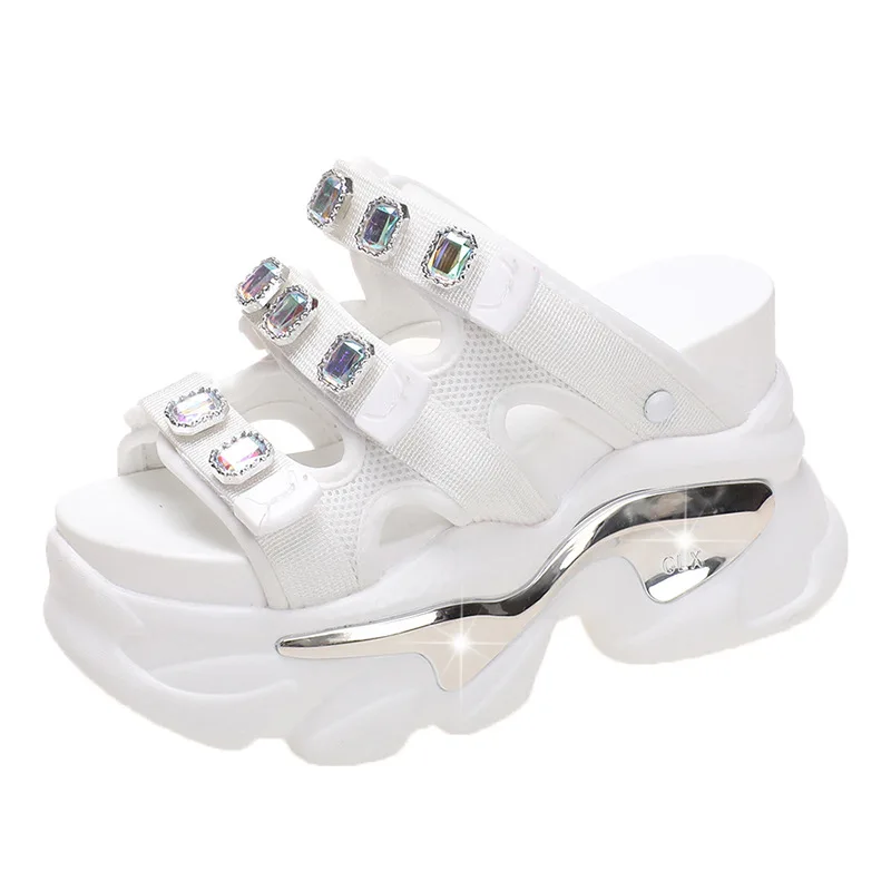 European Rhinestone Buckle Thick Bottom Higher Slope Heel Sponge Cake Casual Women's Summer New High Heel Sandals Slippers