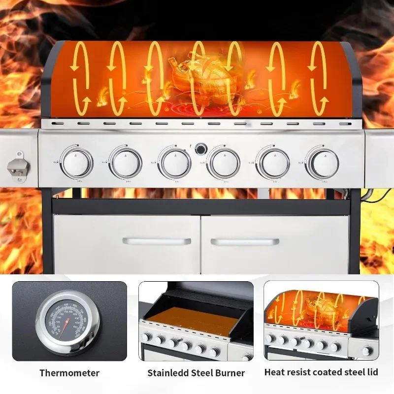 MELLCOM 6 Burner BBQ Propane Gas Grill, 58,000 BTU Stainless Steel Patio Garden Barbecue Grill with Stove and Side Table 4