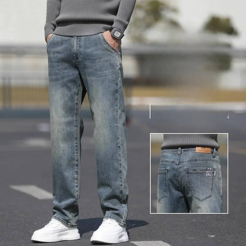 Loose Straight Leg Men's Jeans Casual Elastic Versatile Long Pants Autumn 2025 New Style Comfortable Fit Classic Blue Denim