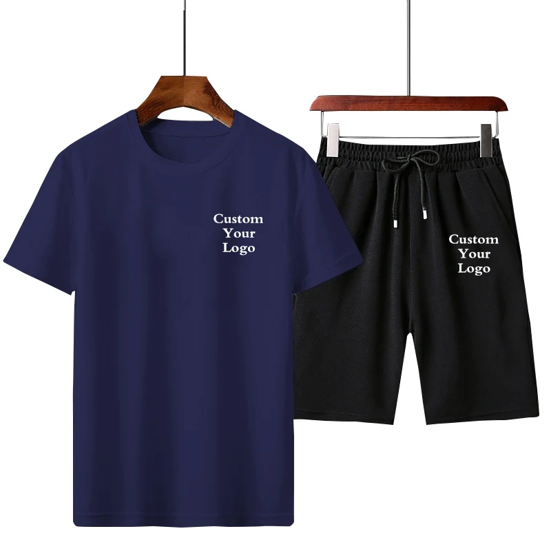 Men Custom Logo Sets Solid Color Loose O-Neck Short Sleeve T Shirt & Drawstring Shorts 2Pcs Streetwear Men's Casual Suits