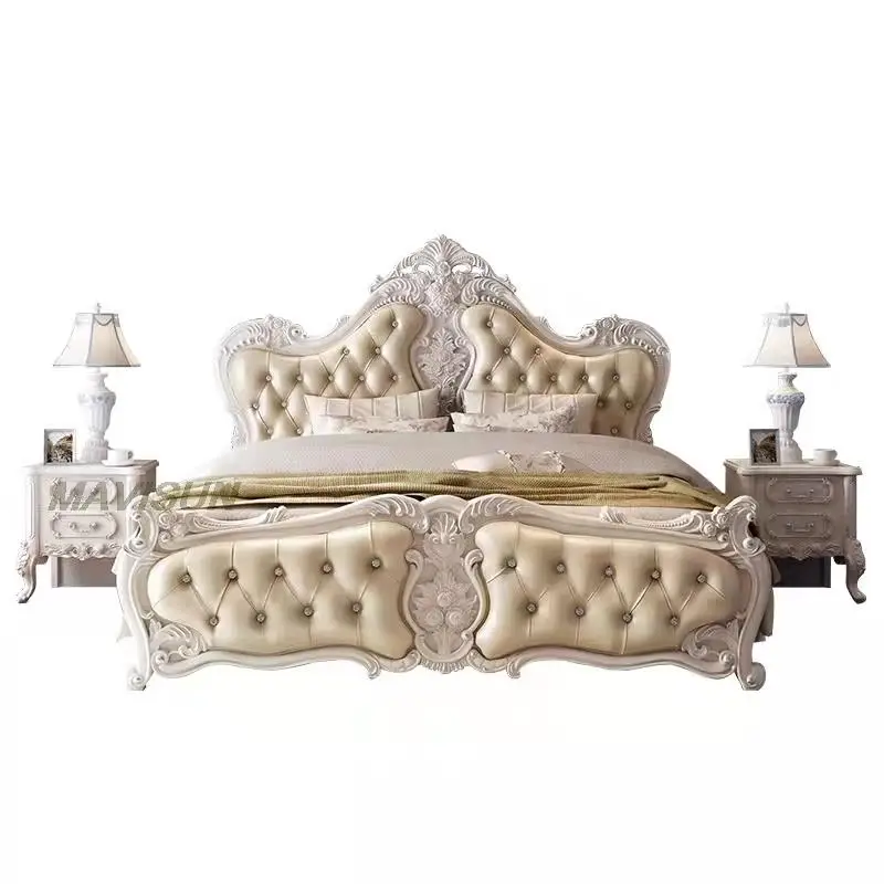 Champagne Gold Light Luxury European Double Bed Classic Wedding Bed High Quality Leather Solid Wood Frame Furniture For Bedroom