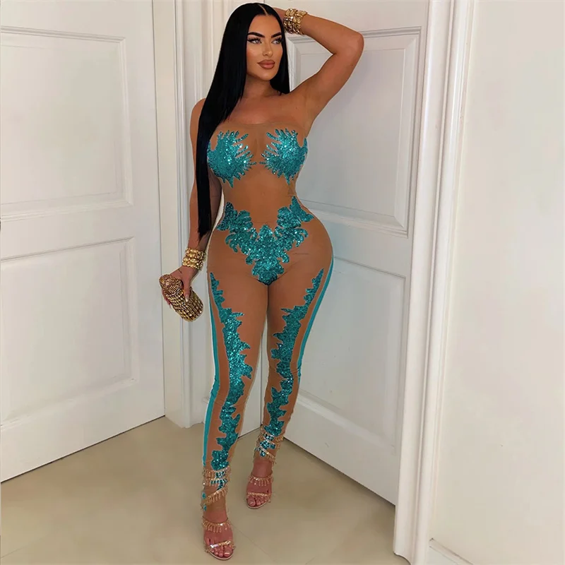 

Summer Women Sleeveless Strapless Mesh Patchwork Skinny Sexy Sequins Party Jumpsuit Perspective Night Club Jumpsuit 2024 Rompers