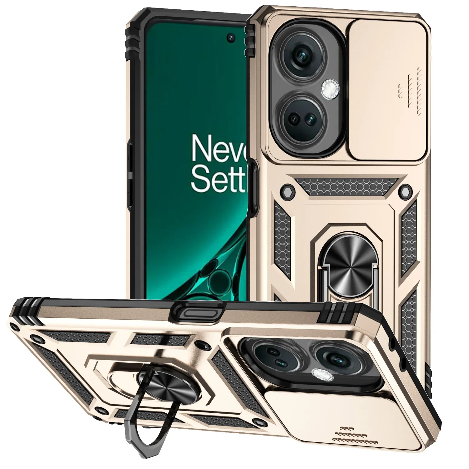 Armor Shockproof Phone Case with Metal Ring Holder and Slide Camera Lens Protector
