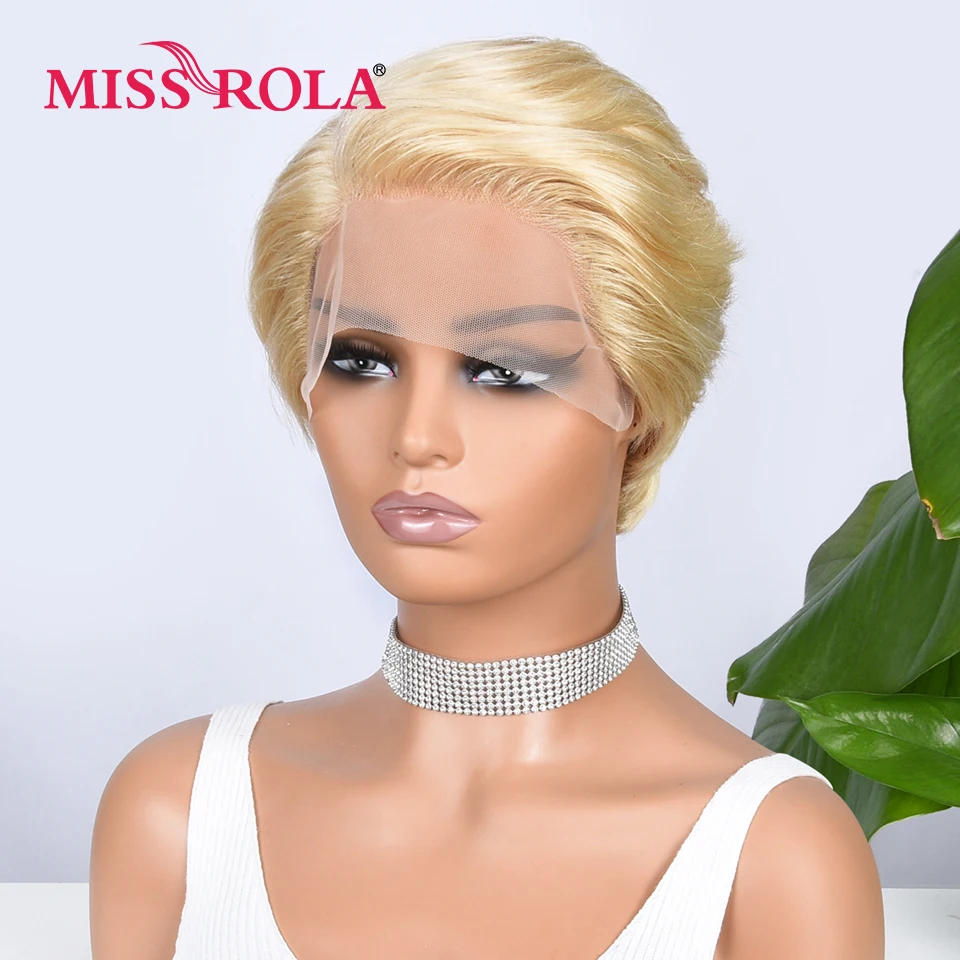 

Miss Rola 613# Pixie Straight Short Wigs Lace Part Human Hair Wigs Remy Side Part Hair Wigs Pre Plucked 180% Density