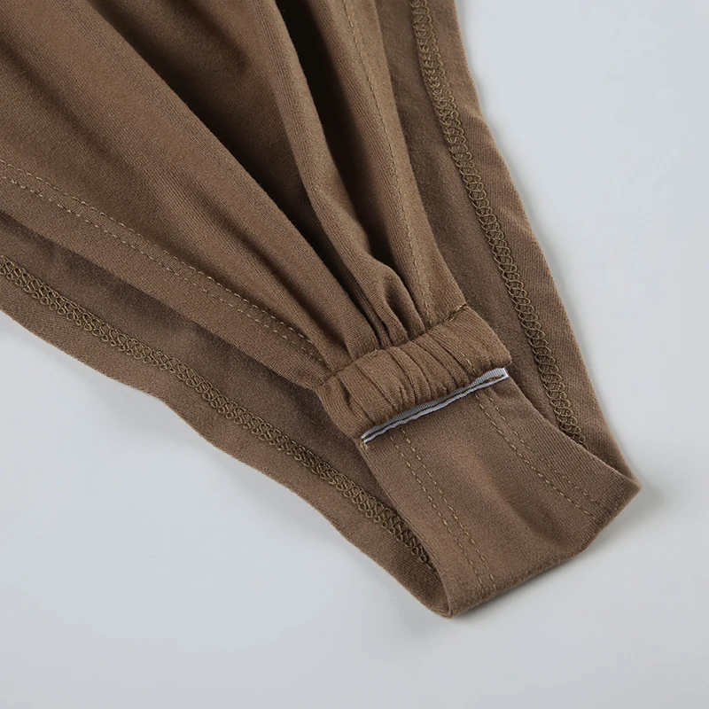 Body marrón con pliegues irregulares para mujer, elegante y chic, de manga larga, ajustado, con cuello redondo, ropa de club sexy para otoño