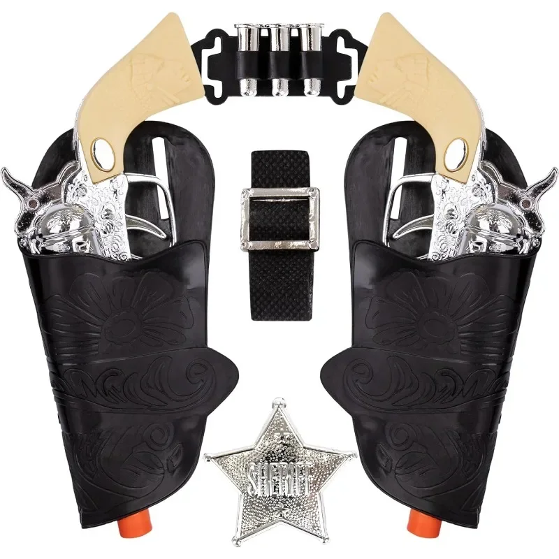 Kids Cosplay Costume Cowboy Toy Set Pistols Sheriff Badge Gun Holsters and Adjustable Belt Old Western Sheriff Cosplay Costume 9 Piece Set for Kids