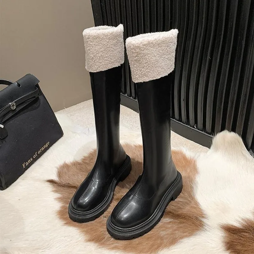 Women Fashion PU Leather Lace Keep Warm Motorcycle Boots Winter Women's Shoes Ladies Casual Comfort Flats Boots Plus Size 35- 42