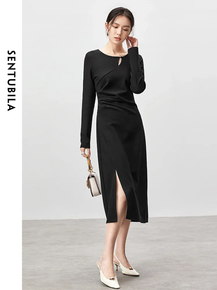 SENTUBILA Hollow Out Knitted Dresses For Women 2026 Autumn Slim Fit O Neck  Folds Retract Waist Slit-hem Black Dress 143L55917 - AliExpress 200000345