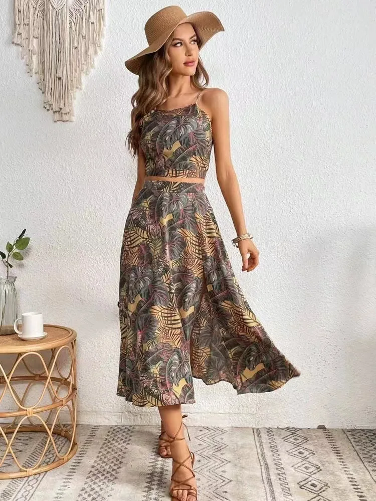 Women's Summer Set Elegant Square Neck Straps + Elegant Skirt Floral Print Lace-up Casual Beach Ladies Set Ladies Party Set