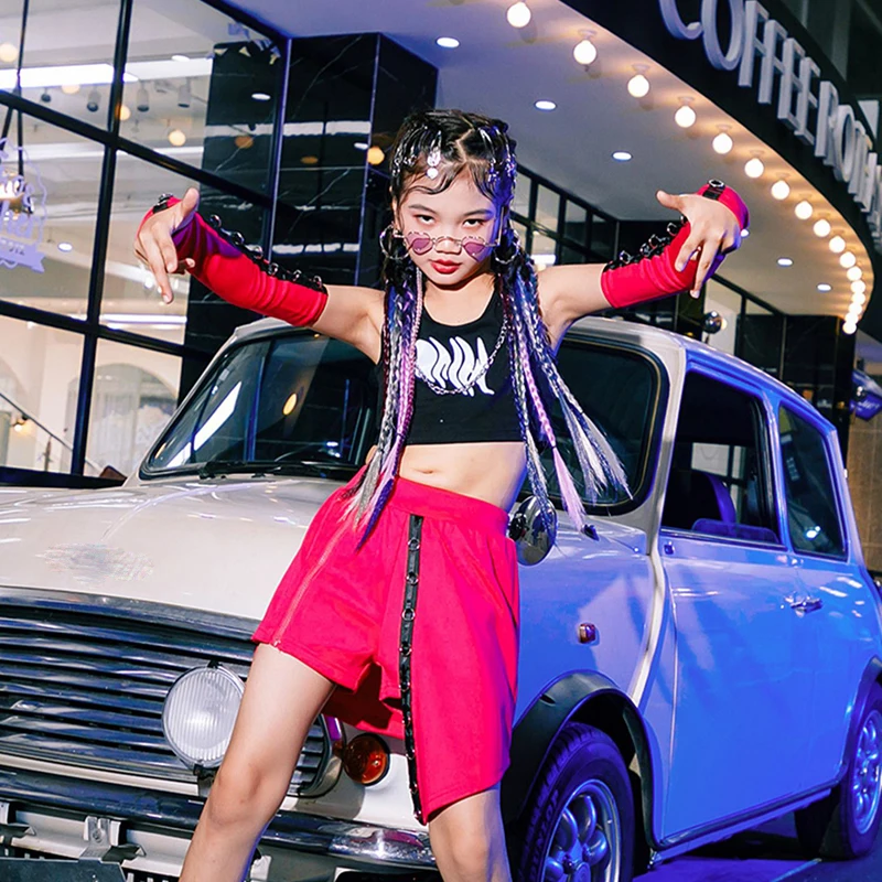 

Новинка 2023, костюмы для джазовых танцев для девочек, наряды розово-Красного цвета в стиле K-POP, детская одежда для бальных танцев в стиле хип-хоп, одежда для выступления на сцене DQL8056