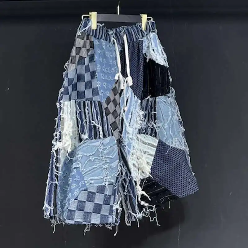 PFHQ Denim Patchwork Shorts Summer Men's Elastic Waist Vintage Washed Fabric Worn Out Wearproof Drawstring Male Original 21Z5028