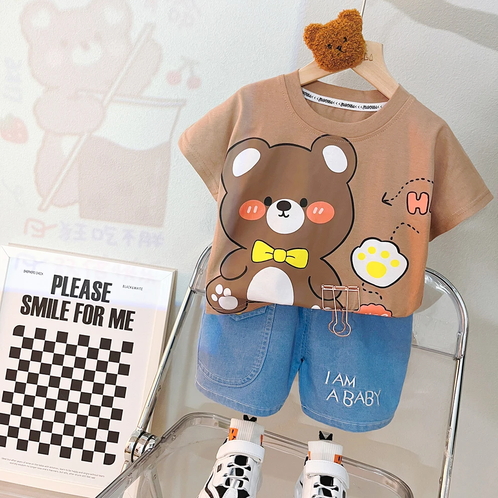 

2023 Summer Child Clothing Sets for Baby Boys T Shirt Shorts 2 Pieces Suit Infant Cartoon Bear Clothes Outfits Kids Sportswear